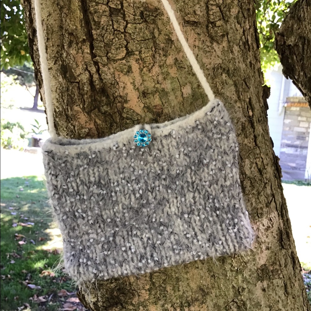 Grey Crossbody hand knit n felted